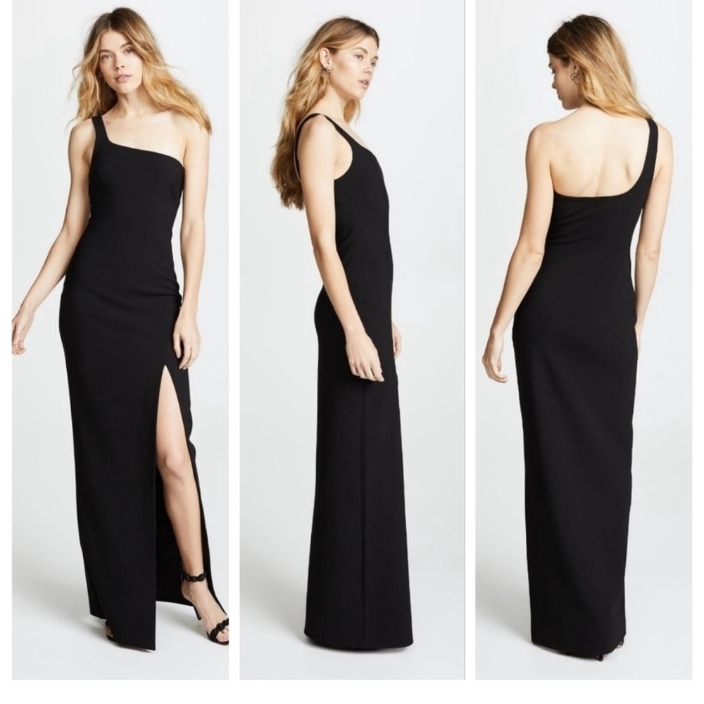 Likely NYC one shoulder black gown size 00. Great for prom or wedding!